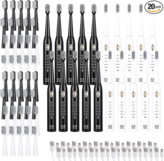20 Pack Rechargeable Sonic Electric Toothbrush 42000 VPM 6 Cleaning Modes Smart 2-Min Timer USB Rechargeable IPX7 Waterproof 4 Brush Heads