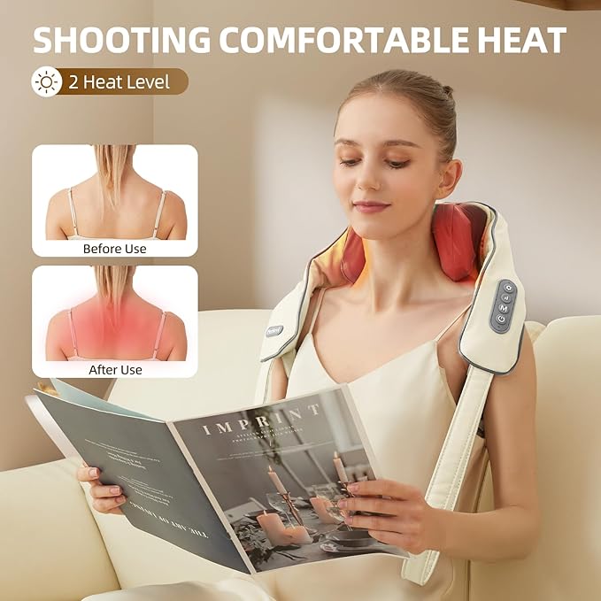 Cordless Neck Massager with Heat Electric Neck Shoulder Massager with Heat Kneading 6-Point for Deep Tissue Pain Relief Rechargeable Battery Brushless Motor