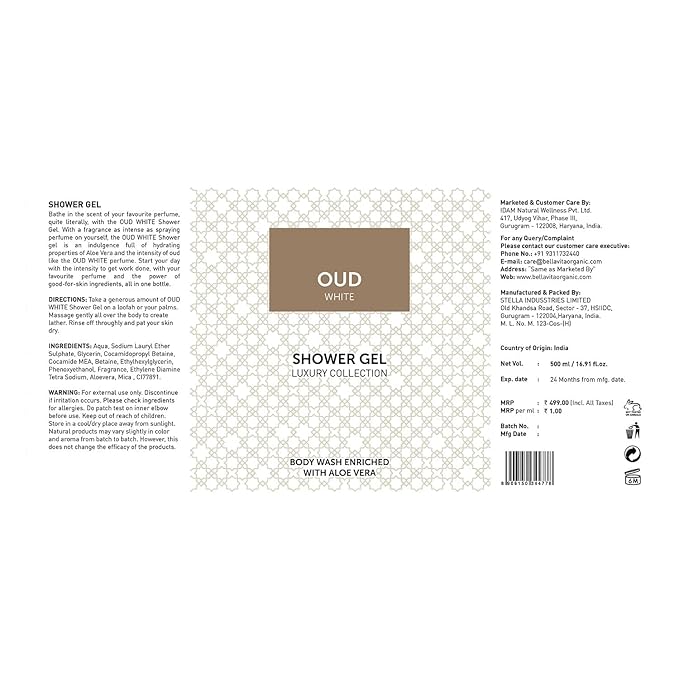 BVita Luxury OUD WHITE Unisex Body Wash Refreshing Shower Gel for Deep Cleansing Hydrating Moisturising Softer &amp Smoother Skin with Aloe Vera 500 ml