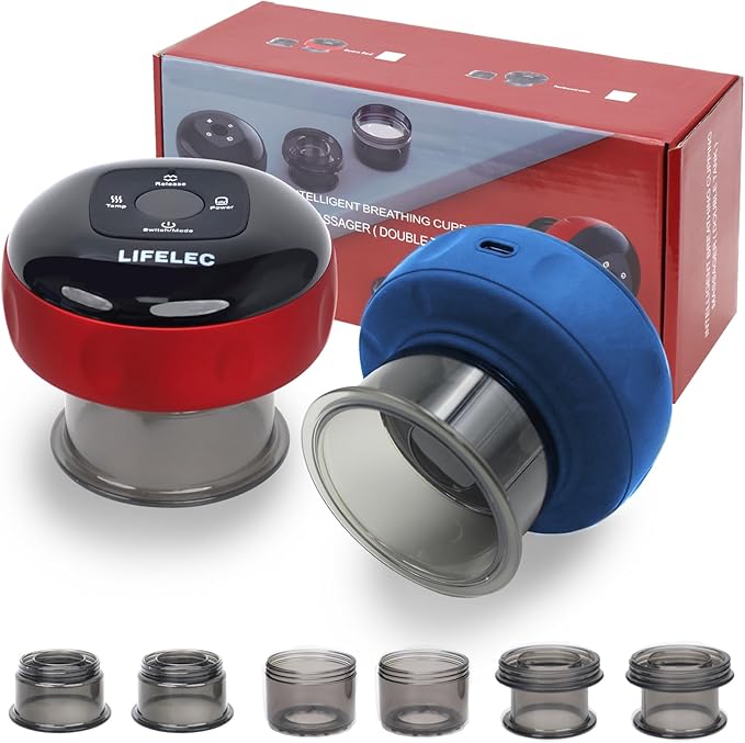 LIFELEC Smart Cupping Therapy Set - 6 Cups (Large/Press/Move) 12-Level Heat &amp Suction Smart Red Light Therapy - Dual Massagers for Simultaneous Use - 2 Pack Set for Athletes Fitness Pain Relie