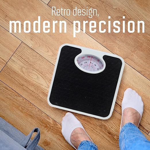 Bodico Classic Retro Analog Mechanical Body Weight Scale Vintage Style Bathroom Scale with Vinyl Top for Health and Fitness 280 lb. (130 kg) Capacity 10.5 L x 10.5 W x 2 H Black