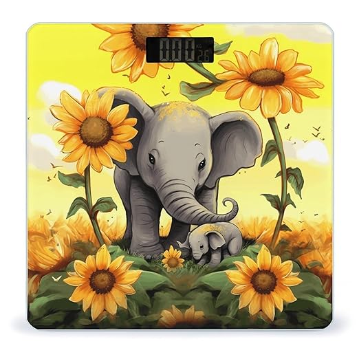 Mother and Baby Elephant Sunflowers Bathroom Scale Large LCD Backlight Display Digital Scale Rounded Corners Body Scales Automatic Power On/Off Bathroom Scales for Home Bedrooms
