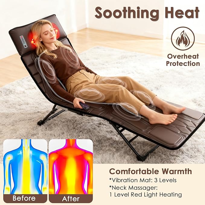 KOCASO PU Leather Full Body Massage Mat Multifunctional Massage Chair Pad with Heat Timer Shiatsu Neck Massager Carry Bag Earplugs Anti-Slip Bottom for Reclining Chair