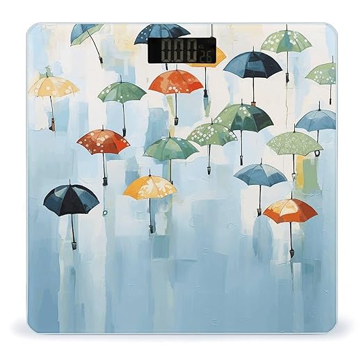 Oil Painting of Umbrellas on Light Blue Scale for Body Weight Precision Bathroom Weighing Scales with Back Lit LCD Display Sturdy Tempered Glass Body Weight Scales Digital Bathroom Scale 400lb