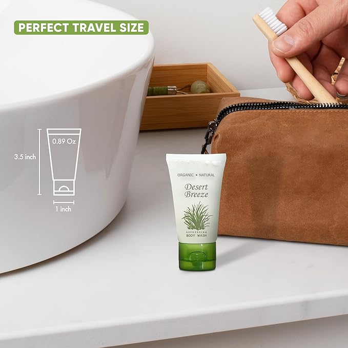 Travel Size Hotel Body Wash 20 Count 1 oz Bottles Guest Amenities for Vacation Rentals and Short Term Rentals Paraben Free Green Tea &amp Lemongrass Scent Infused with Aloe and Olive Oil by Desert Br