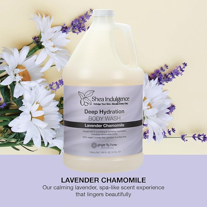 Ginger Lily Farms Botanicals Shea Indulgence Deep Hydration Body Wash 100% Vegan &amp Cruelty-Free Lavender Chamomile Scent 1 Gallon (128 fl oz) Refill