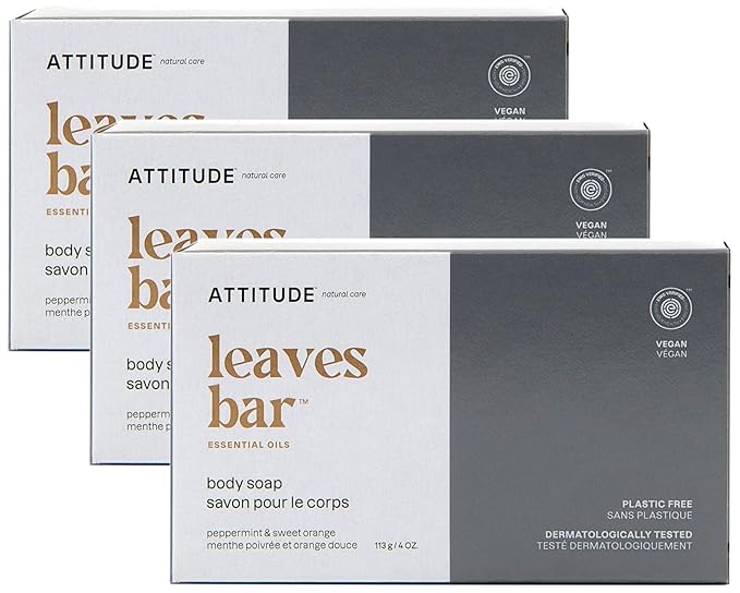 ATTITUDE Bath and Shower Body Soap Bar EWG Verified Plastic-free Plant and Mineral-Based Ingredients Vegan and Cruelty-free Personal Care Products Orange Cardamom 4 Ounces (Pack of 3)