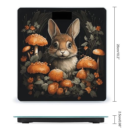 Rabbit with Mushrooms Bathroom Scale Automatic Power On/Off Body Scales LCD Backlight Display Square Digital Scale Rounded Corners Bathroom Scales for Home Bedrooms