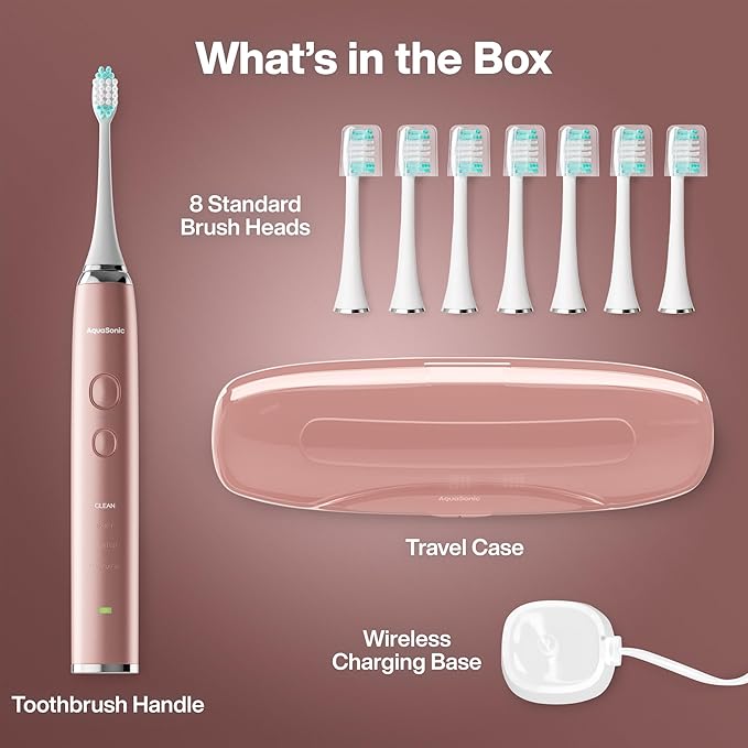 Aquasonic Vibe Series Ultra-Whitening Toothbrush – ADA Accepted Electric Toothbrush - 8 Brush Heads &amp Travel Case – 40000 VPM Motor &amp Wireless Charging - 4 Modes w Smart Timer – Satin Rose Go