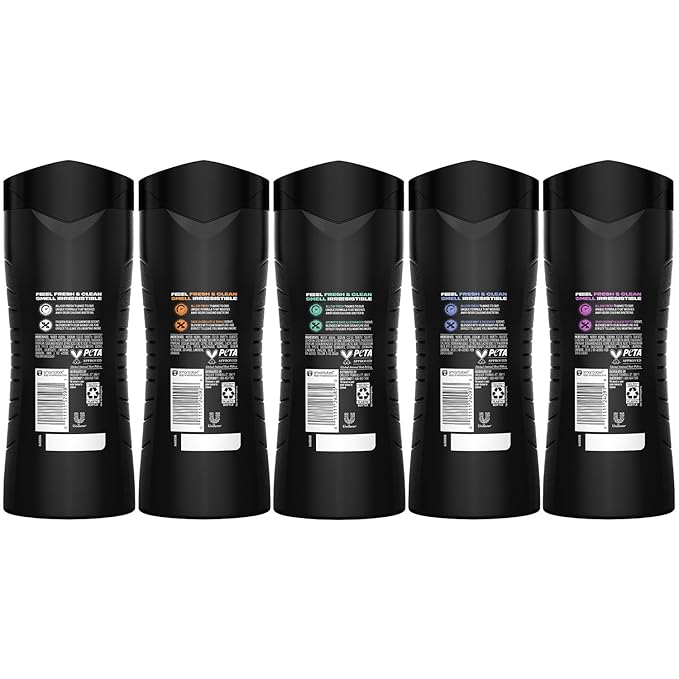 AXE Men's 3-in-1 Face Body Wash &amp Shampoo Variety 5-Pack (Apollo Dark Temptation Black Excite Phoenix) 12 Hour Invigorating Scents 16 Fl Oz Each