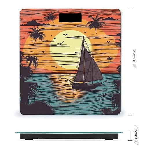 Sunset and Sailboat Weight Scale Digital Electronic Scales Bathroom Scale Larg LCD Backlight Display High Precision MeasurementsTempered Glass