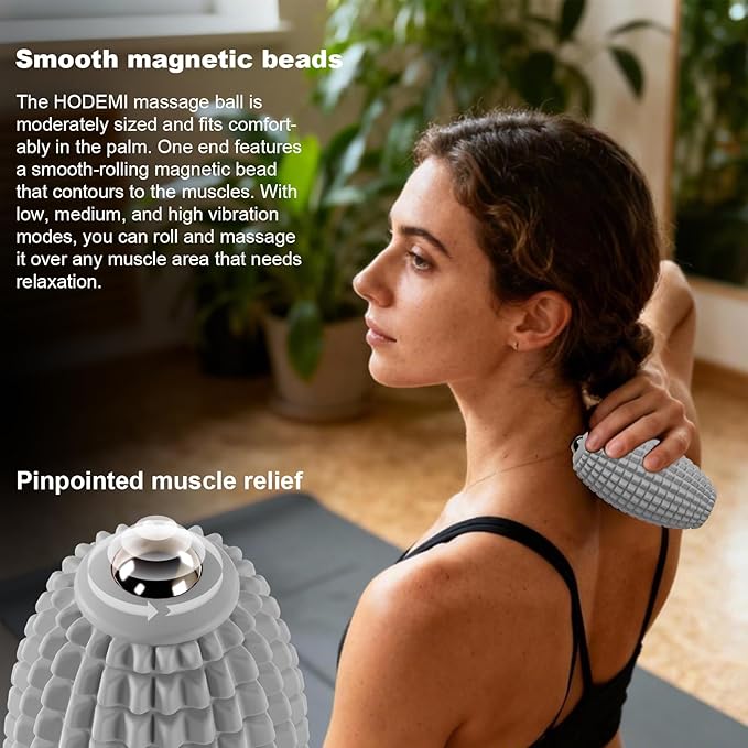 HODEMI Electric Vibrating Massage Roller Handheld Muscle Massager with Ball-Shaped Rolling Head 3 Speed Rechargeable Silicone Massager for Muscle Relaxation at Gym Office &amp Travel (Gray)
