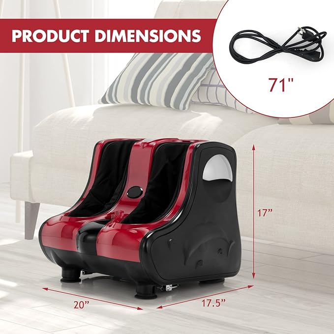 RELAX4LIFE Foot and Calf Massager Shiatsu Foot Massager Machine w/Heating Kneading Vibration Rolling Adjustable Speed &amp Tilt Base Leg Massager for Pain Relief (Red)