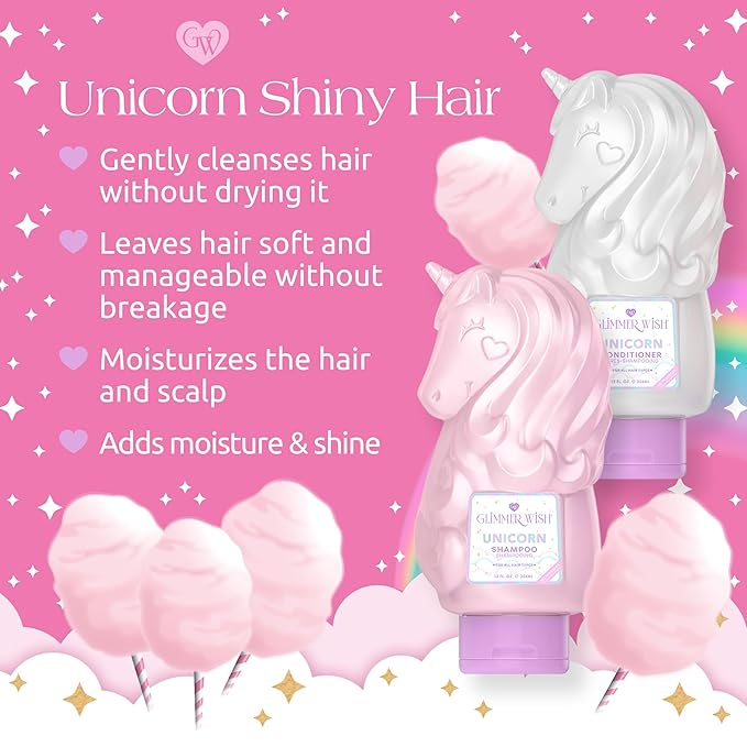 Glimmer Wish Premium Unicorn Shampoo + Conditioner + Body Wash Vanilla Cotton Candy Scent Dermatologist Tested Sulfate &amp Sulfite Free Paraben Free PEG &amp EDTA Free 100% Vegan Cruelty &am