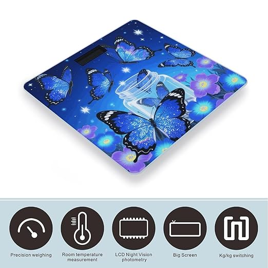 Blue Glitter Butterfly Weight Scale Large Digital Bathroom Scales with Bright LED Display Non Slip Digital Scale and Step On Fashion Weighing Machine for Body