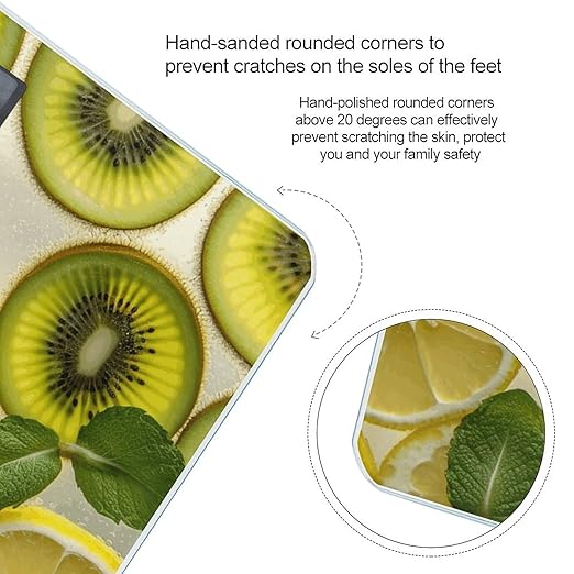 Sliced Lemon and Kiwi in Drink Scale for Body Weight Anti-Slip Tempered Glass Digital Bathroom Scales Clear LCD Display Weighing Scale Safe Rounded Corners Smart Scales