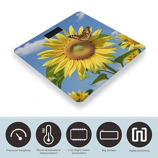 Sunflower and Butterfly Bathroom Scale for Body Weight Bathroom Weighing Scales with Back Lit LED Display Sturdy Tempered Glass Body Weight Bathroom Scale 400lb Weighing