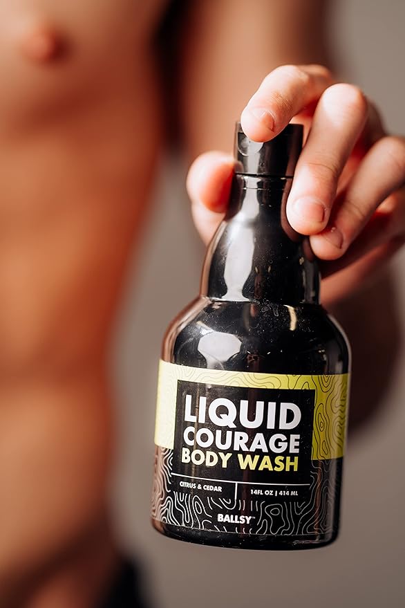 Ballsy Liquid Courage Body Wash to Hydrate Skin with Aloe Vera Coconut Oil and Jojoba Spheres Citrus and Cedar 14 oz