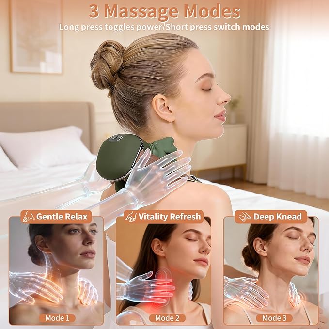 Neck Massager with HeatCordless Electric Shiatsu Neck and Back Massager 3 Speeds 2 Heat SettingsPortable Heated Neck Massager4D Kneading Neck and for Muscle Relax (Green)
