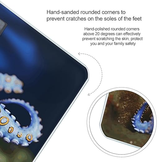 Blue Ringed Octopus Scale for Body Weight Safe Rounded Corners Tempered Glass Digital Bathroom Scale LED Display 400lb Capacity Weight Scales with High Precision Sensors