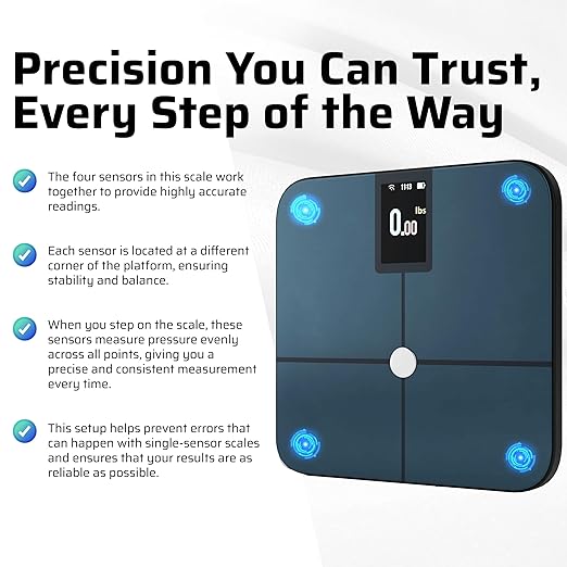 Premium Smart Digital Body Weight Scale - 4 Electrodes – 25+Metrics -Rechargeable- WiFi &amp Bluetooth - Full Body Analysis -Track Body Fat Muscle Mass Fat Percentage Sleek Design