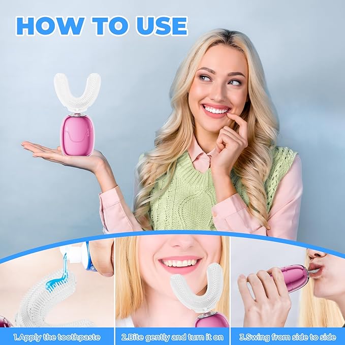 Electric Toothbrush Adults U Shaped Automatic toothbrushes360° Whole Mouth Cleansing 3 Cleaning ModesRechargeable Waterproof (Black)