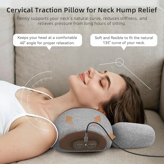 3-in-1 Neck Massager Pillow with Heat Massage &amp Stretcher Traction Massager for Neck Hump Shoulder &amp Muscle Relaxation Pain Relief &amp Cervical Support Ideal Gift for Women &amp Men