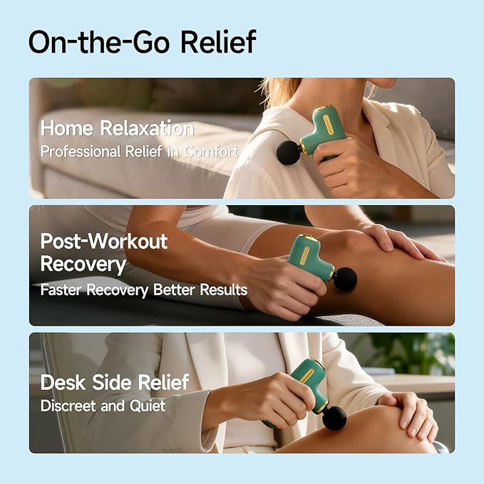 Super Mini Massage Gun Deep Tissue Handheld Muscle Massager with 4 Heads Quiet Percussion Travel Size Massager for Back Pain Relief Home Gym &amp Office Green