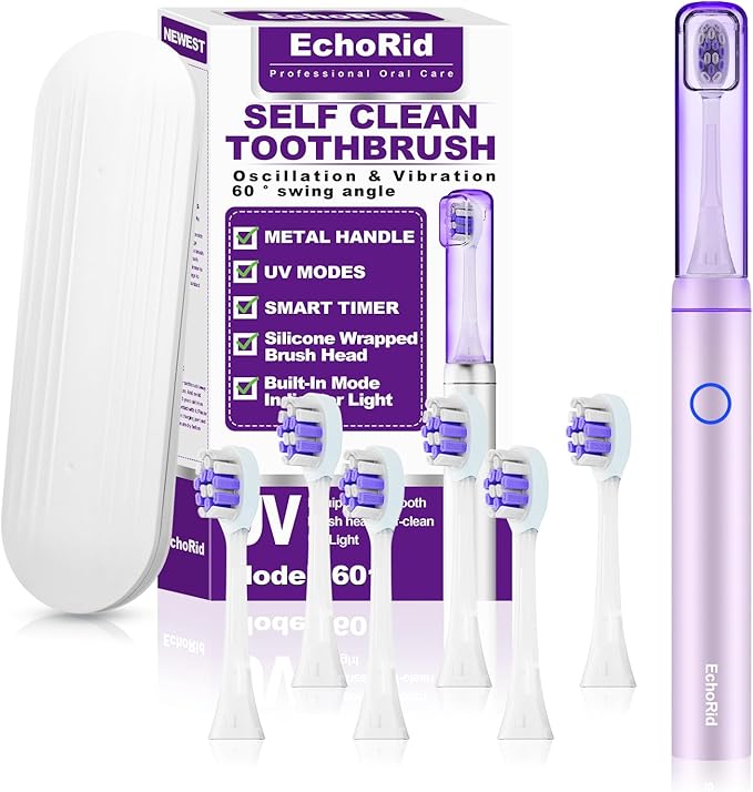 Metal Electric Toothbrush with UV ModeVibration and Oscillation Electric Toothbrush for Adults and Teen6 Brush Heads &amp Travel Case 5 Modes &amp Timer One Charge Last 120 Day（Rose）