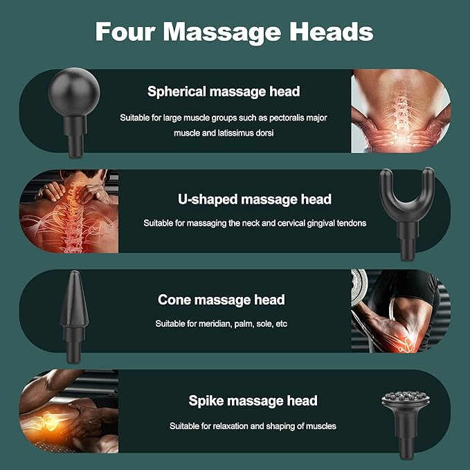 Ergocar Powerful Muscle Massage Gun Deep Tissue 6 Speeds Handheld Electric Body Massager with 4 Heads Super Quiet Portable for Athletes Sedentary Office Worker Touch Screen-Black