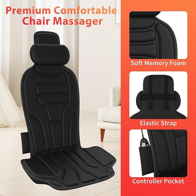 Back Massager with HeatVibration Massage Chair Pad with 5 Massage Modes &amp Adjustable Heat Levels Memory Foam Back Massager Cushion for Office Chair or Home UseMidnight