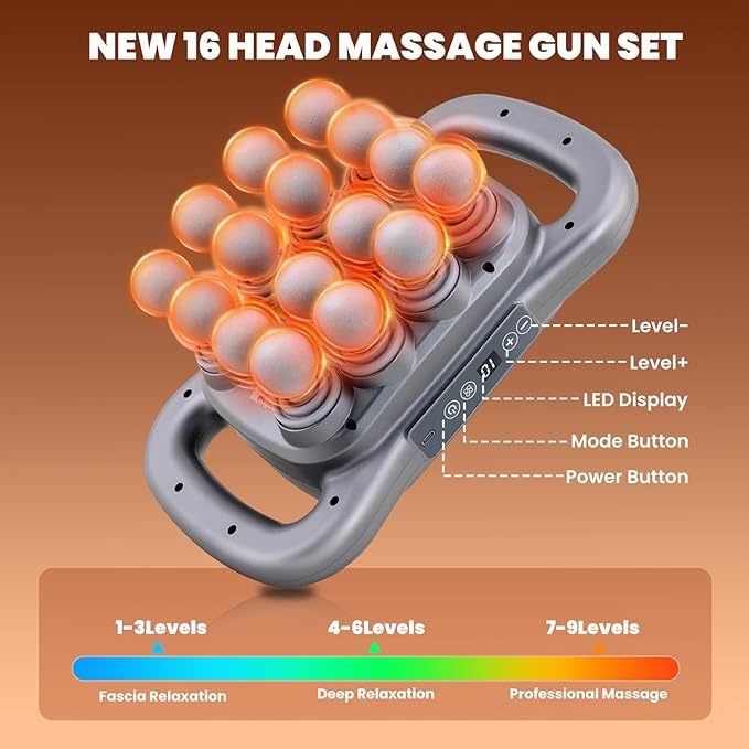 16 Head Massage Gun for Athletes Deep Tissue Percussion Massager with 9 Modes &amp Levels - Portable Muscle Pain Relief for Back Neck Shoulders Legs &amp Full Body