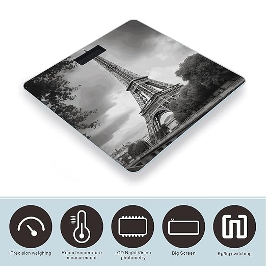 Tower Paris Scale for Body Weight Anti-Slip Tempered Glass Digital Bathroom Scales Clear LCD Display Weighing Scale Safe Rounded Corners Smart Scales