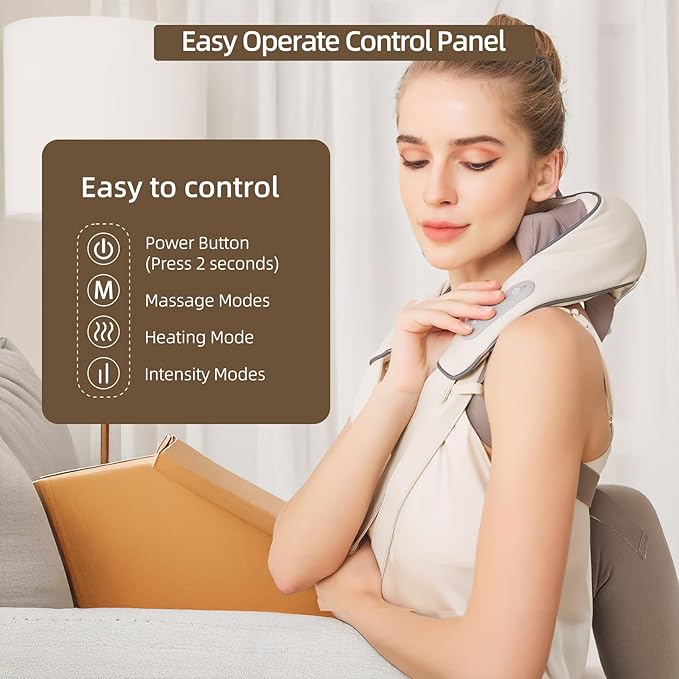 Neck Massager with Heat Cordless Neck and Shoulder Massage Rechargeable Shiatsu 6D Kneading Massager for Pain Relief Deep Tissue Gift for Mom&ampDad (Light Beige)