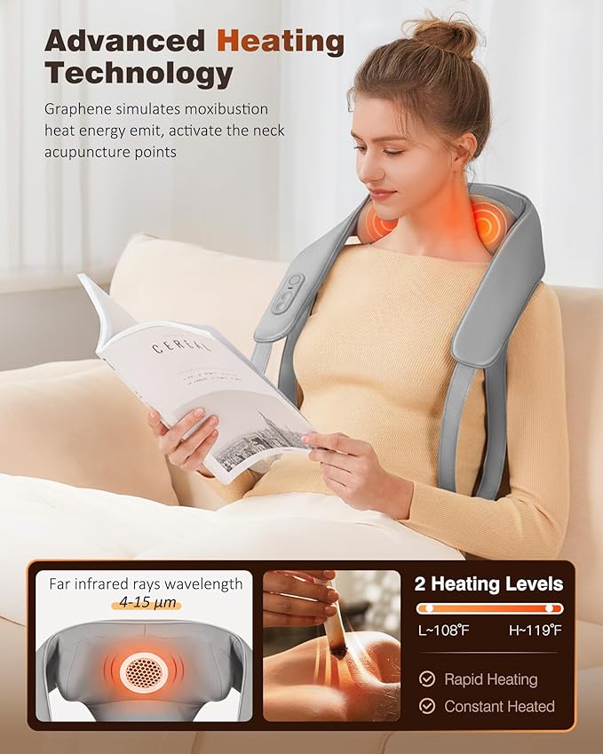 KNQZE Neck and Shoulder Massager with Heat Cordless Back and Neck Massager Upgraded Graphene Heating 4D Shiatsu Deep Kneading Massage for Shoulder Back Pain Relief (Gray)