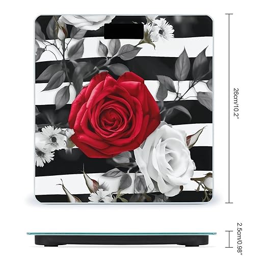Black White Stripes Red Rose Flowers Bathroom Scale Large LCD Backlight Display Digital Scale Rounded Corners Body Scales Automatic Power On/Off Bathroom Scales for Home Bedrooms