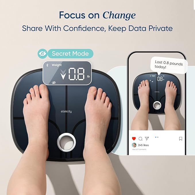 Etekcity Smart Rechargeable Scale for Body Weight BMI Fat Muscle Mass Digital Bathroom Scale with 13 Metrics Secret Mode Bluetooth Connect to Free Apps Stealth Black