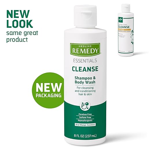 Medline Remedy Essentials Shampoo and Body Wash (8 fl oz) 48 Count Kiwi Mango Scent Full Body Cleanser with Aloe For Adults &amp Elderly Easy Rinse Gel for Bath Shower or Bedside Bathing