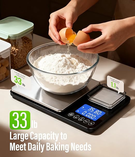 Digital Dual Platform Kitchen Scale 33 lb Large &amp 1.1 lb Mini Food Scale with Dual-Line LCD Display Stainless Steel High Precision for Baking Cooking and Meal Prep