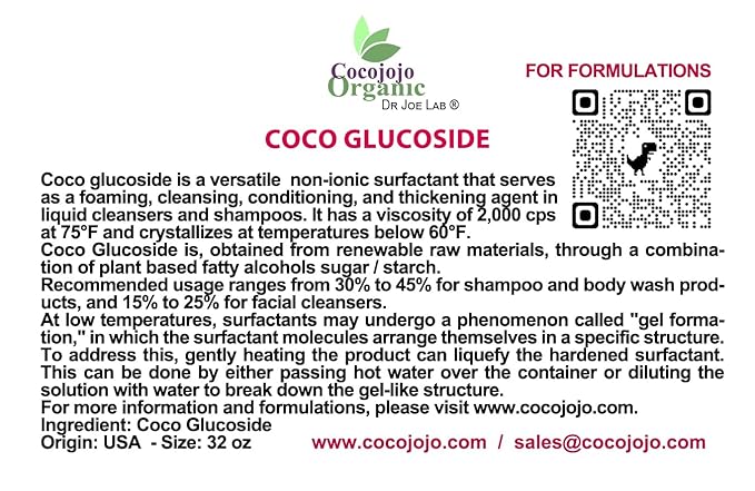 cocojojo Coco Glucoside Natural Surfactant - Surfactants for Soap Making DIY Shower Gel Skin Care Body and Face Wash Plant Derived Natural - 32 Oz