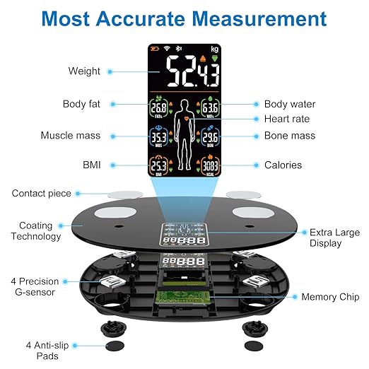 INSMART Smart Scale for Body Weight All-in-one LCD Display Bathroom Weight Scales Body Fat ScaleBluetooth Digital Smart Weighing Scale with Heart RateHeart Index &amp Body Composition Analyzer396