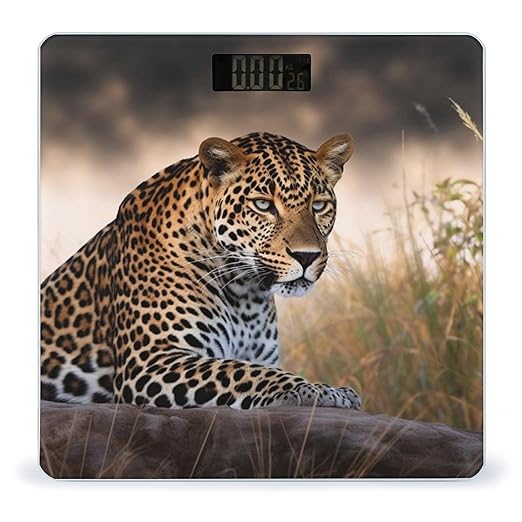 African Animal Leopard Scale for Body Weight Safe Rounded Corners Tempered Glass Digital Bathroom Scale LED Display 400lb Capacity Weight Scales with High Precision Sensors