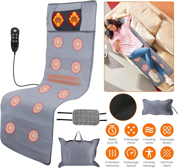 Heat Vibration Massage Mat Full Body Electric Massage Cushion Back Massage Pad with 10 Vibration Motors Timer Neck Massage Pillow Massage Mat for Chair Sofa