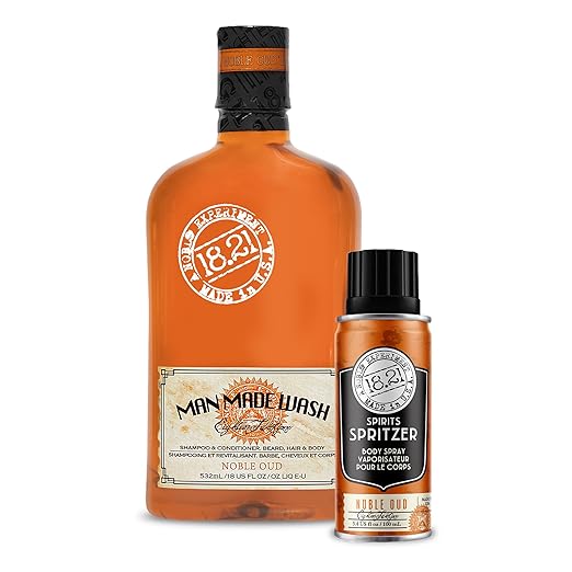 18.21 Man Made Original 3-in-1 Body Wash and Spirit Spritzer 2-Set Bundle All Hair &amp Skin Types for Men Strengthens and Moisturizes in a Manly Aroma