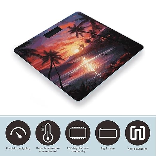 Colorful Tropical Sunset Digital Bathroom Scale for Body Weight with High Precision Digital Weighing Scale with BMI Clear LCD Display and Step-On Measures Weight Up to 180kg