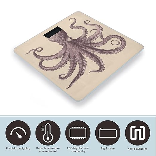 Vintage Octopus Scale for Body Weight Anti-Slip Tempered Glass Digital Bathroom Scales Clear LCD Display Weighing Scale Safe Rounded Corners Smart Scales