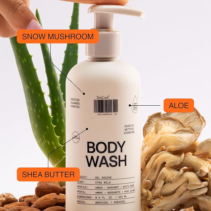 DedCool Body Wash | Xtra Milk | Shea Butter Aloe &amp Snow Mushroom | Hydrating Non-Toxic Vegan | Bergamot White Musk &amp Amber | 8.5 fl oz