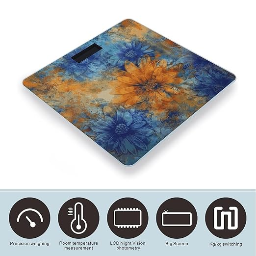 Blue and Orange Flowers Weight Scale Digital Electronic Scales Bathroom Scale Larg LCD Backlight Display High Precision MeasurementsTempered Glass