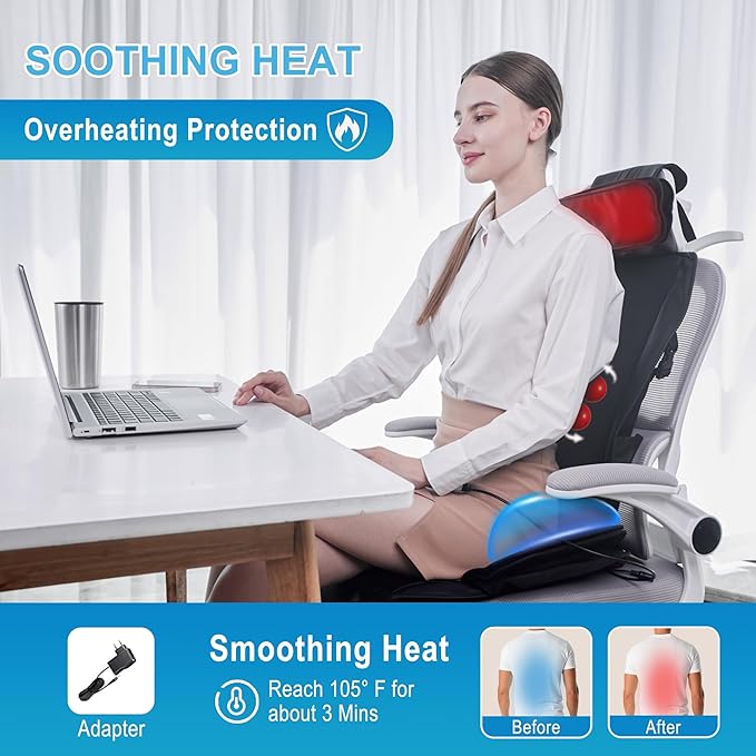 Shiatsu Massage Cushion with Heat Kneading Back Massager for Chair Massage Chair Pad for Office/Home/Family/Friends