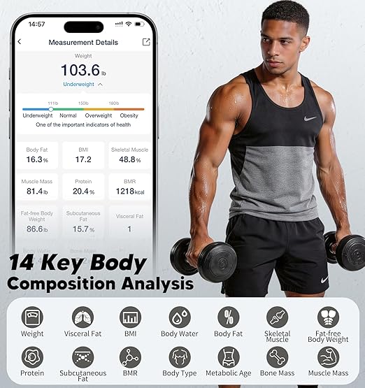 GE Smart Body Weight Scale with 8-in-1 Display for BMI Body Fat Muscle Mass Digital Bathroom Bluetooth Scale 14 Composition Analyzer for Health Monitoring 11.8 Accurate 400lb Weighing White